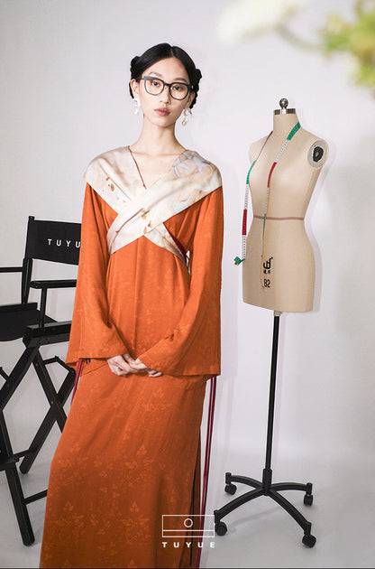 TUYUE Jacquard Streamer Backless Long Sleeve Dress - ADAM.
