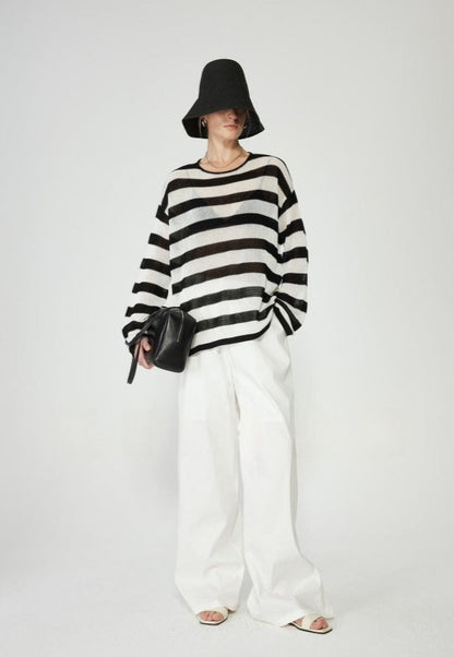 PIAOIN Striped Knitwear Women's Long Staple Cotton Crew Neck T-Shirt-NATALIA.