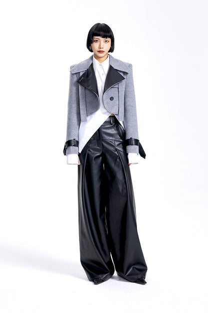 TINY IN leather stitched cropped women's wool jacket -DEKU