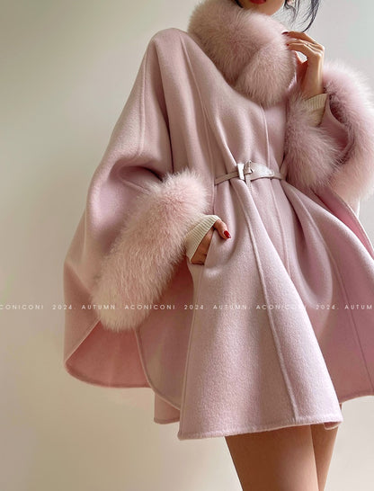 Aconiconi Winter pink wool cape fox fur sleeve double-sided coat-Sakura