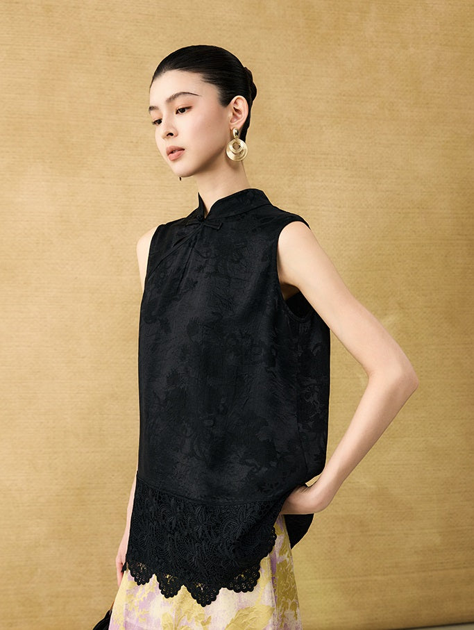 HECO Chinese diagonal placket buckle cool lion jacquard sleeveless top - CONNECT.