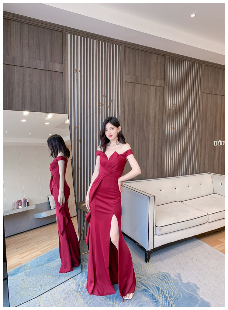 DOLLY Luxury Sleeveless Off Shoulder Tube Tob Long Irregular Slit Dinner Dress-KOKIE