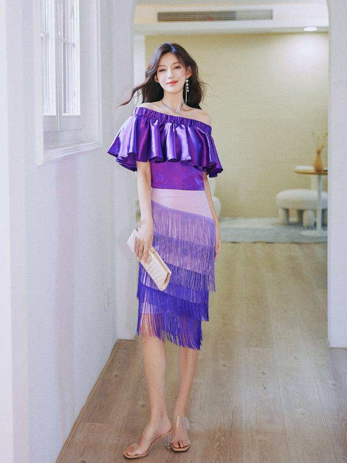DOLLY Elegant Purple Satin Ruffle Of Shoulder Top+ Gradient Tassel Skirt-ZAYN