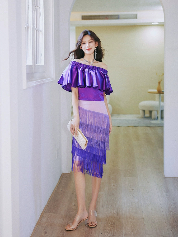 DOLLY Elegant Purple Satin Ruffle Of Shoulder Top+ Gradient Tassel Skirt-ZAYN