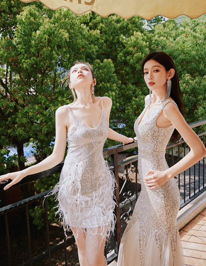 DOLLY Elegant Deep V-Neck Sleeveless Sequin Mesh Long Cocktail Dress-JUSTINA