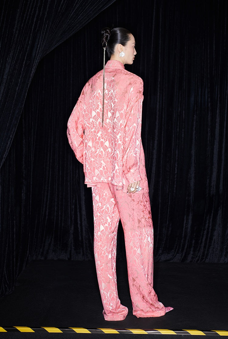 M essential Mackay designer lime jacquard stand-up collar loose top - JAMES.