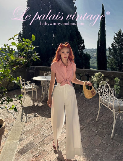 Le Palais Vintage  Gold Cotton Linen Pink Puff Sleeve Shirt + Shorts-ASA.