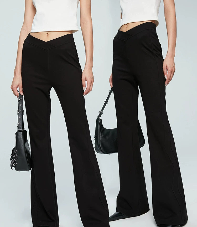 ANNAKIKI Designer Black V-Waist Bootcut Pants Casual Pants-CARTI