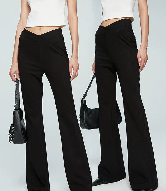 ANNAKIKI Designer Black V-Waist Bootcut Pants Casual Pants-CARTI