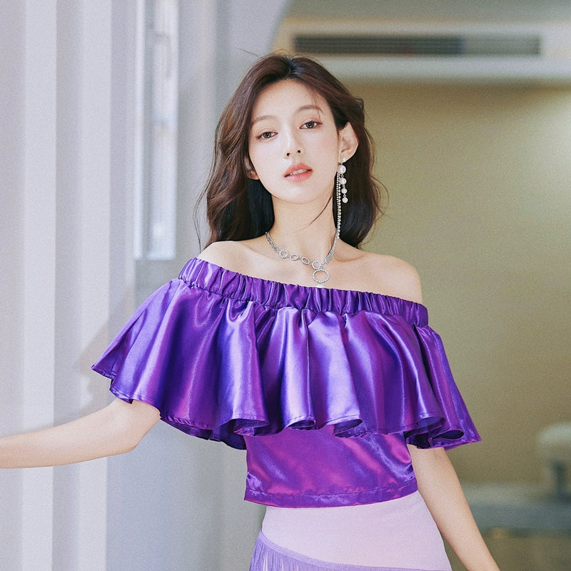 DOLLY Elegant Purple Satin Ruffle Of Shoulder Top+ Gradient Tassel Skirt-ZAYN