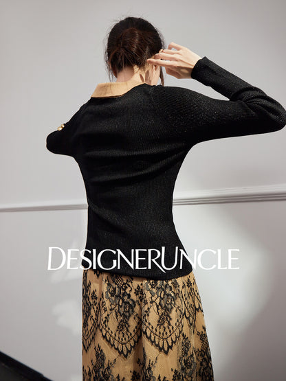 DGU "Qimo" black knitted sweater V-neck fashion high-end commuter top - BUGGY.