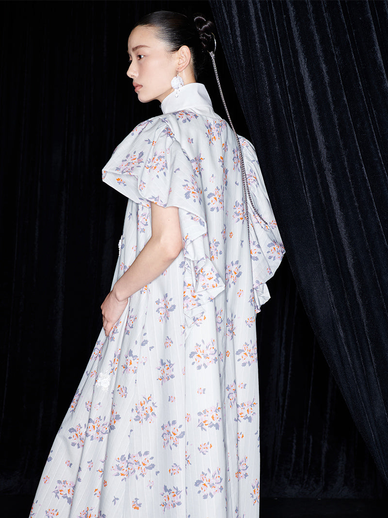 M essential Mackay designer Jinghe Printing floral nail bead puff sleeve dress - HAPPY.