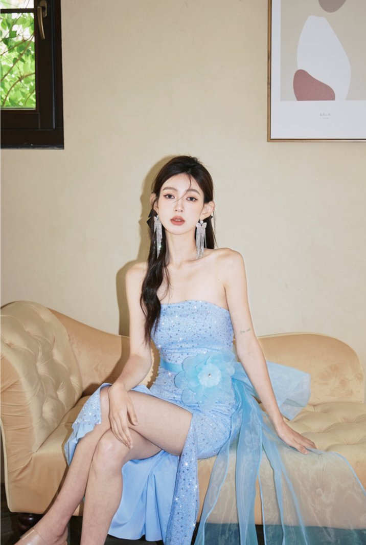 DOLLY Elegant Blue Flower Ribbon Tube Sequin Fish Tail Dinner Dress-LONE