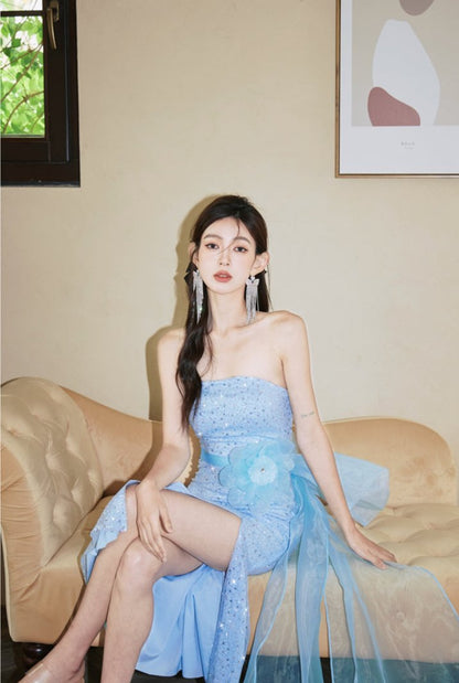 DOLLY Elegant Blue Flower Ribbon Tube Sequin Fish Tail Dinner Dress-LONE