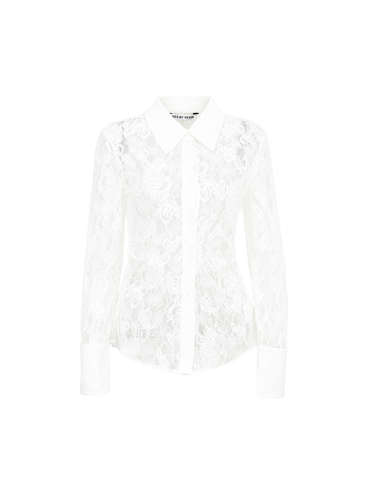 YES BY YESIR | Lace Long Sleeve Sheer White Shirt  -AMALITHA.