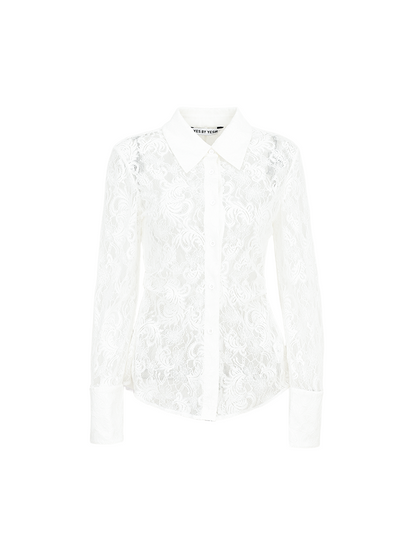 YES BY YESIR | Lace Long Sleeve Sheer White Shirt  -AMALITHA.