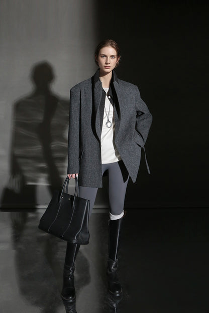 PIAOIN Retro Blazer Wool Jacket Women's Niche Suit Top Commuter Versatile- BEX