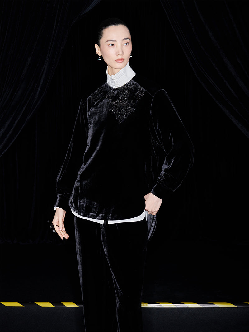 M essential Mackay designer Indian silk embroidered silhouette velvet top pant set- buck.