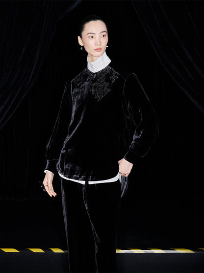 M essential Mackay designer Indian silk embroidered silhouette velvet top pant set- buck.