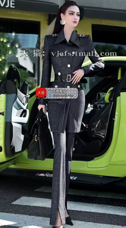 VJE slim trench coat jacket micro flared pants two-piece set - YAN.