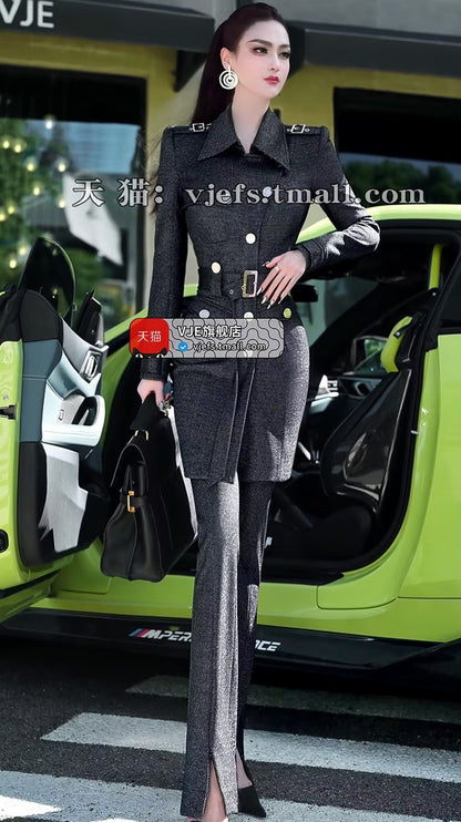 VJE slim trench coat jacket micro flared pants two-piece outfit set-YAN.