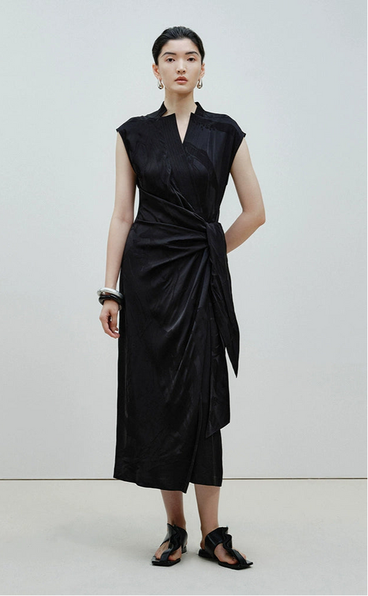 ZHUCHONGYUN sleeveless jacquard wrap-style front ruched waist slit hem Dress-DEWIE.