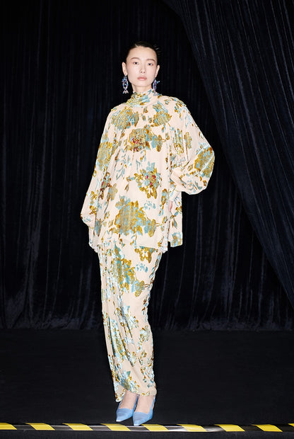 M essential Mackay designer Qili burnt floral velvet dense pleated lace-up loose top - PETER.