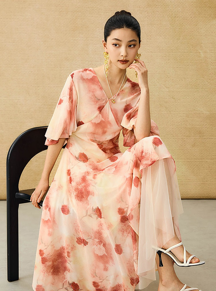 HECO Chinese Floral V-neck Asymmetric Hem Long Dress - DOMINION.