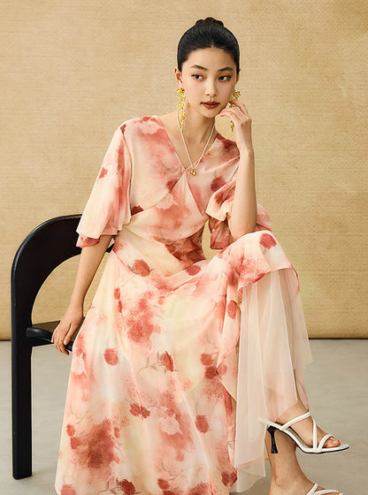HECO Chinese Floral V-neck Asymmetric Hem Long Dress - DOMINION.