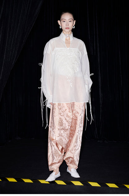 M essential Mackay designer soft-paper pale overshirt with pavement embroidery - serious.