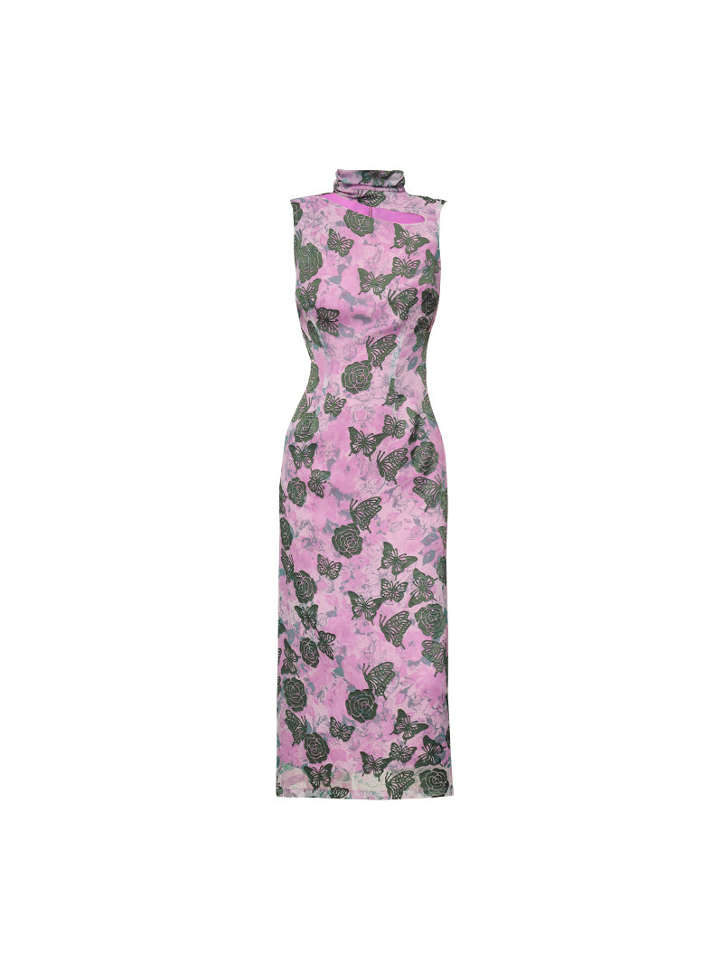 HECO Burnt flower hollow slim sleeveless purple midi dress woman - MIGHT.