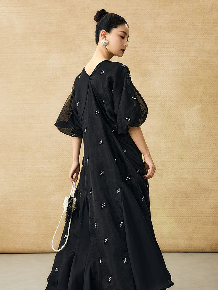 HECO  New Chinese Embroidered V-Neck Puff Sleeve Dress - CORAINE.