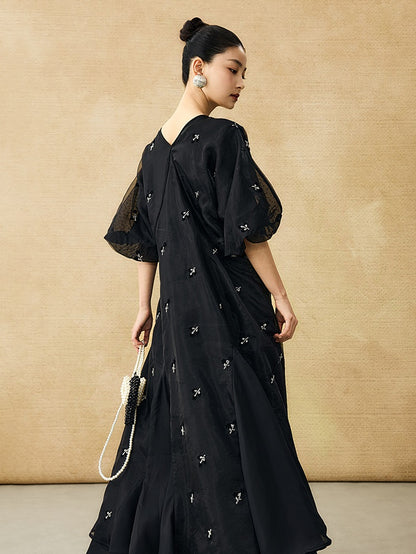 HECO  New Chinese Embroidered V-Neck Puff Sleeve Dress - CORAINE.