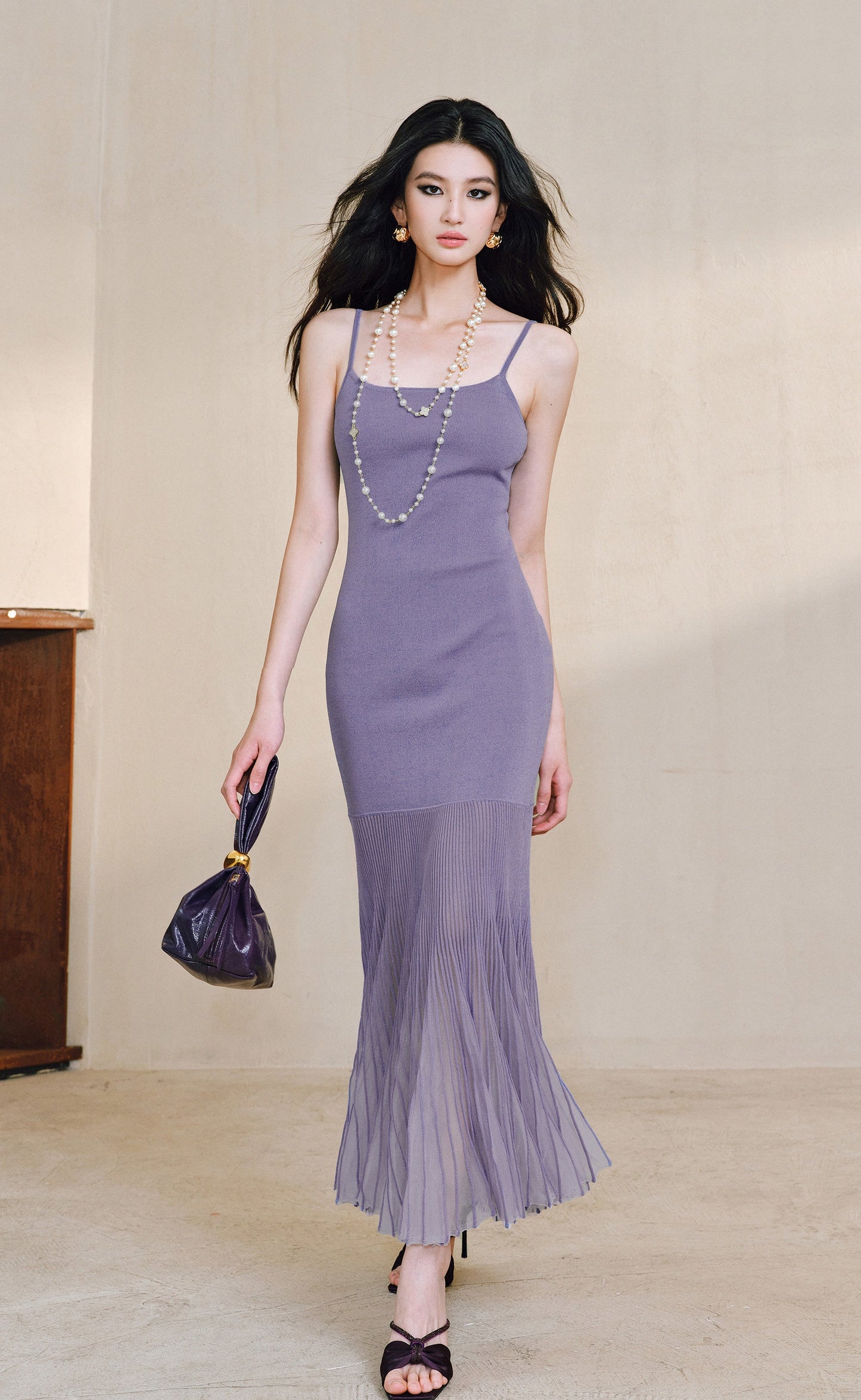 WANGXO | High-Quality Linen Tulle Temperament Suspender Fishtail Dress-LÉYA.