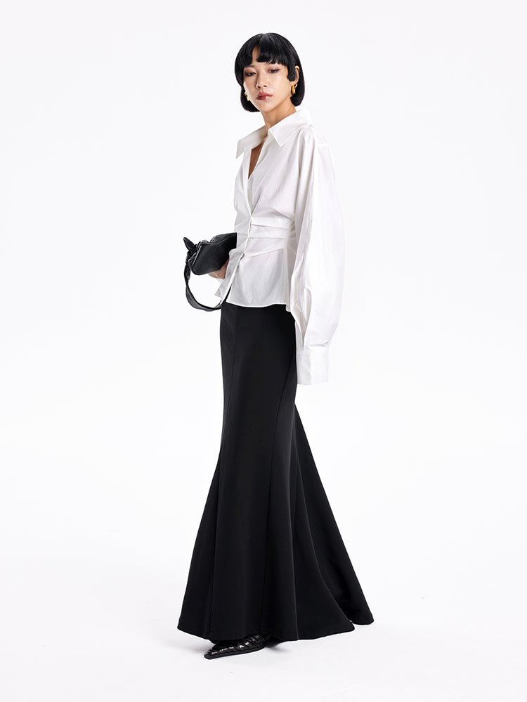 TINY IN stand-up collar casual pinch-pleated curved sleeve cinched waist shirt-KIA