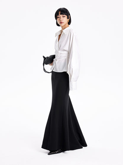 TINY IN stand-up collar casual pinch-pleated curved sleeve cinched waist shirt-KIA