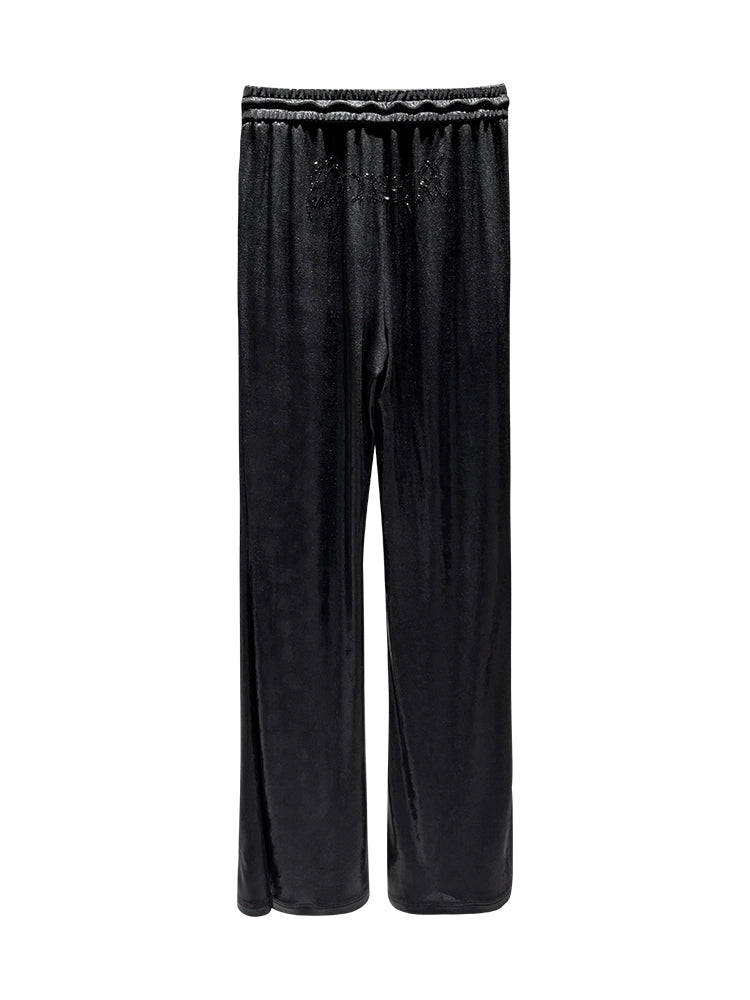 ANNAKIKI Glossy Black Hot Diamond Horseshoe Pants Women's Bootcut Pants-FUMI