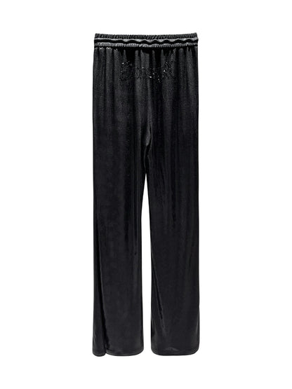 ANNAKIKI Glossy Black Hot Diamond Horseshoe Pants Women's Bootcut Pants-FUMI