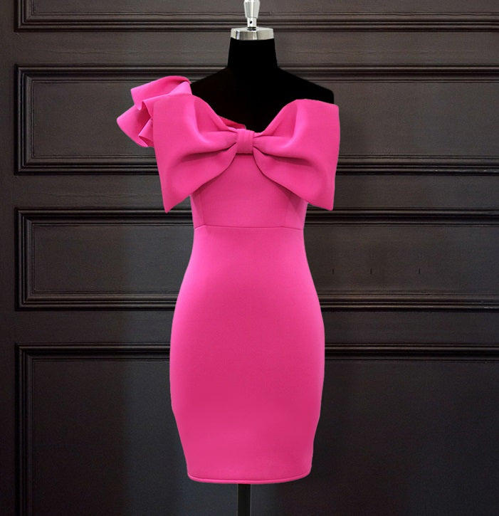 DOLLY Elegant French Style Pink Off Shoulder Big Bow Short Dinner Dress-JOMA