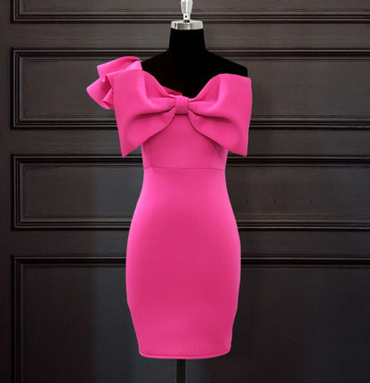DOLLY Elegant French Style Pink Off Shoulder Big Bow Short Dinner Dress-JOMA