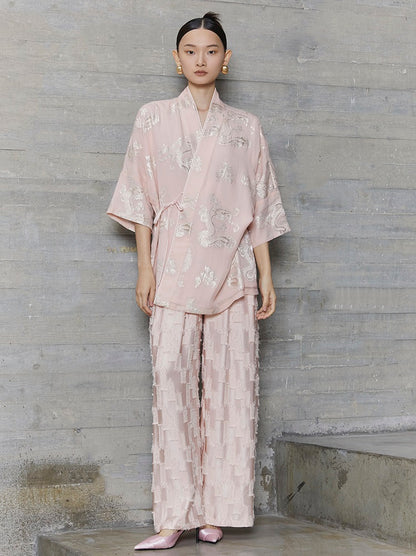 HECO jacquard loose thin wide-leg high waisted black pink apricot PANTS women - PURPOSE.