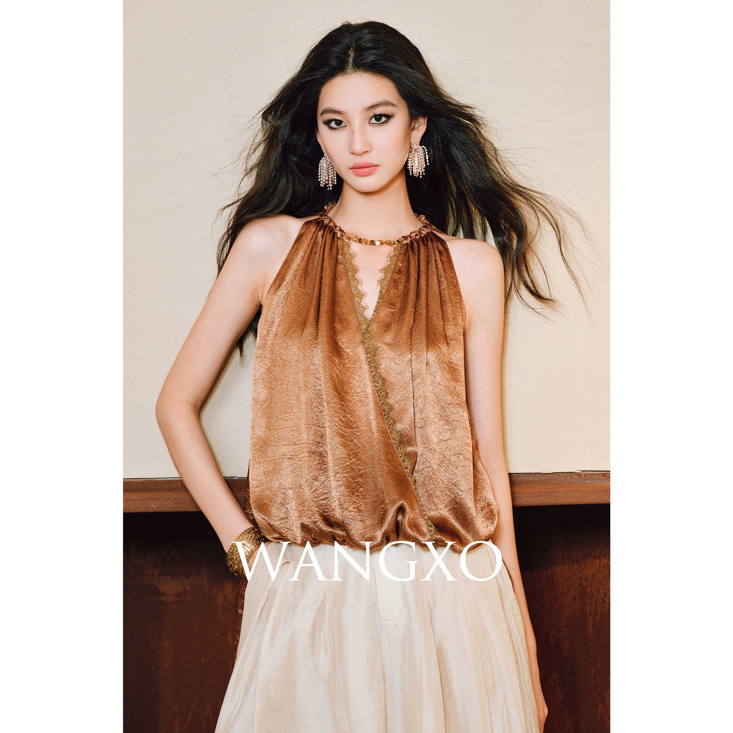 WANGXO| Acetate  Lace-Trimmed Metal Chain Halterneck V-Neck Pleated Top -AYRA.