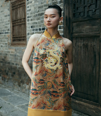 HECO Chinese Stand Collar Color-Blocked Golden Dragon Embroidery Dress - ZIPH