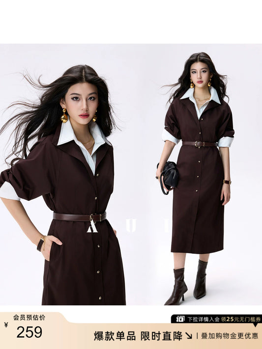 AUI Mocha Mousse Polo Collar Cinched Waist Long Sleeve Straight dress - Ji-Yoo