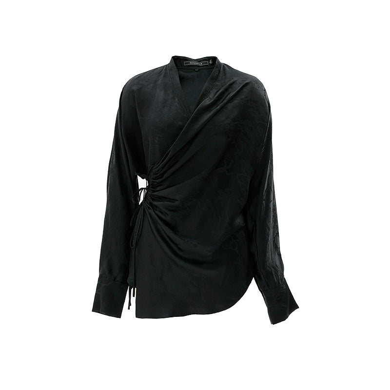 ZHUCHONGYUN Black wrap-style mulberry silk v-neck top-VANI.