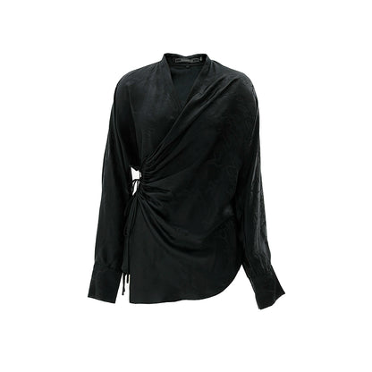 ZHUCHONGYUN Black wrap-style mulberry silk v-neck top-VANI.