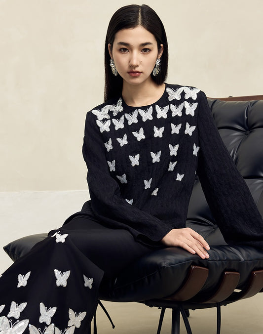 HECO butterfly beads embroidered round neck long sleeve top Women - CROWN.