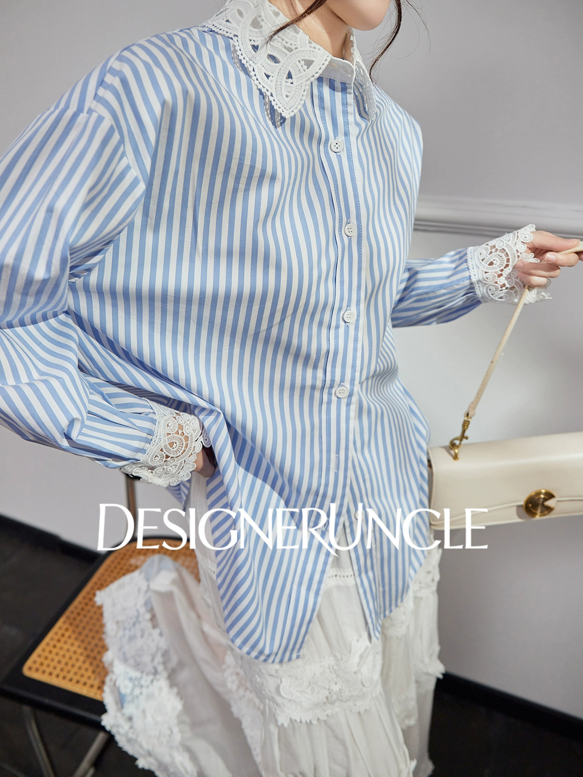 DGU|Blue Striped New Lace Stitching French Elegant Design Top - DREW.