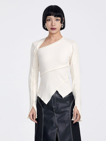 TINY IN button sleeve asymmetric knit women's black top-TAKA