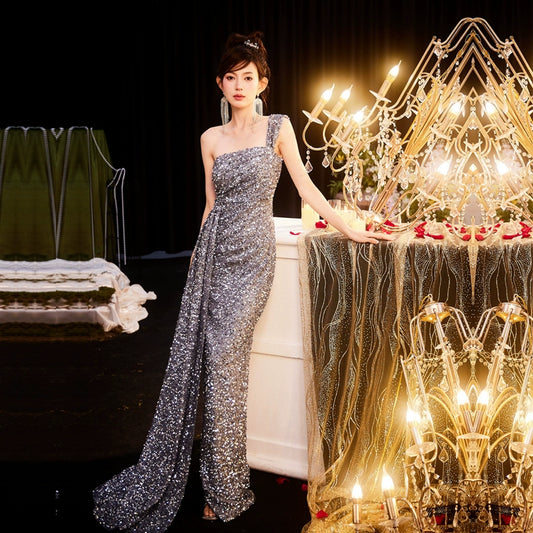 DOLLY Elegant Sliver Sleeveless One Shoulder Long Glittering Evening Dress-PAULA  (V)